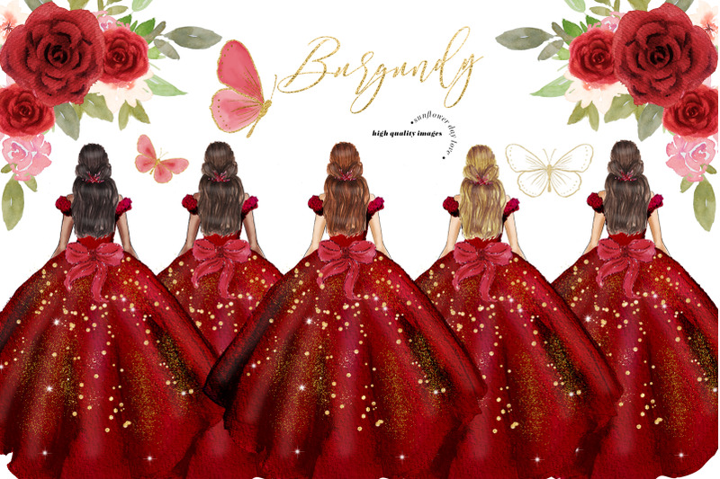 burgundy-gold-princess-dress-clipart-burgundy-flowers-clipart