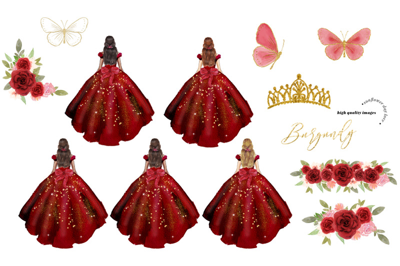 burgundy-gold-princess-dress-clipart-burgundy-flowers-clipart