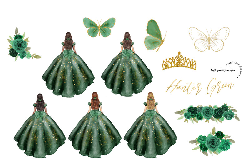 hunter-green-princess-dress-clipart-green-flowers