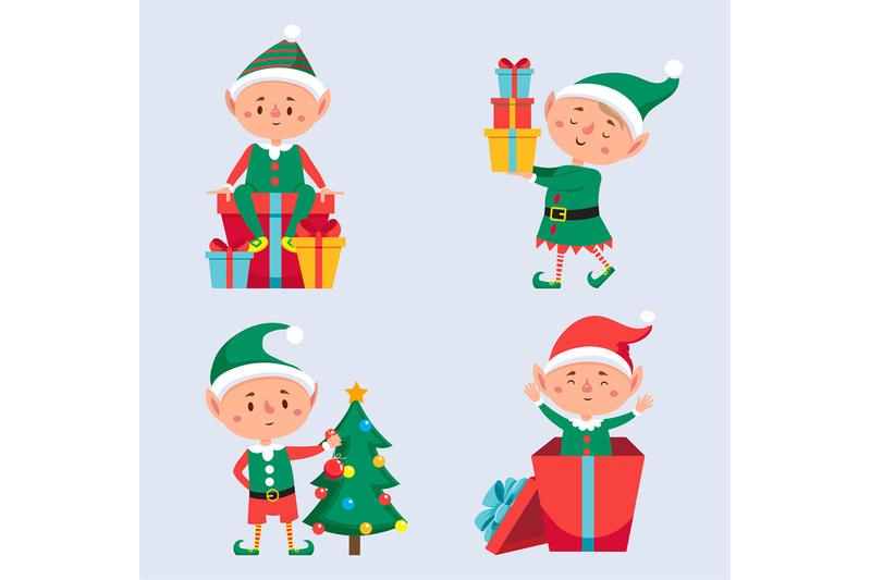 christmas-elf-character-with-tree-and-gift-box