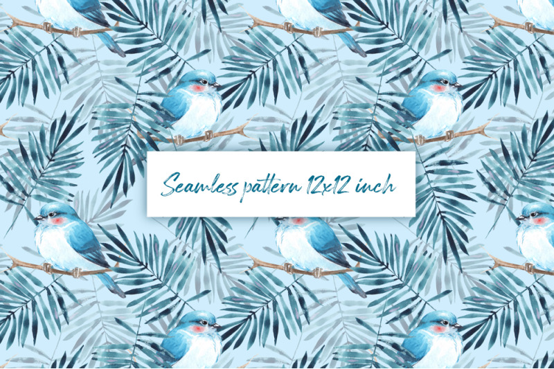 seamless-watercolor-pattern-with-blue-leaves-and-birds