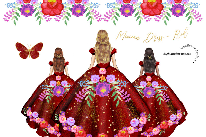 Mexican Floral Red Miss Quince Clipart Elegant Red Butterfly By Sunflower Day Love