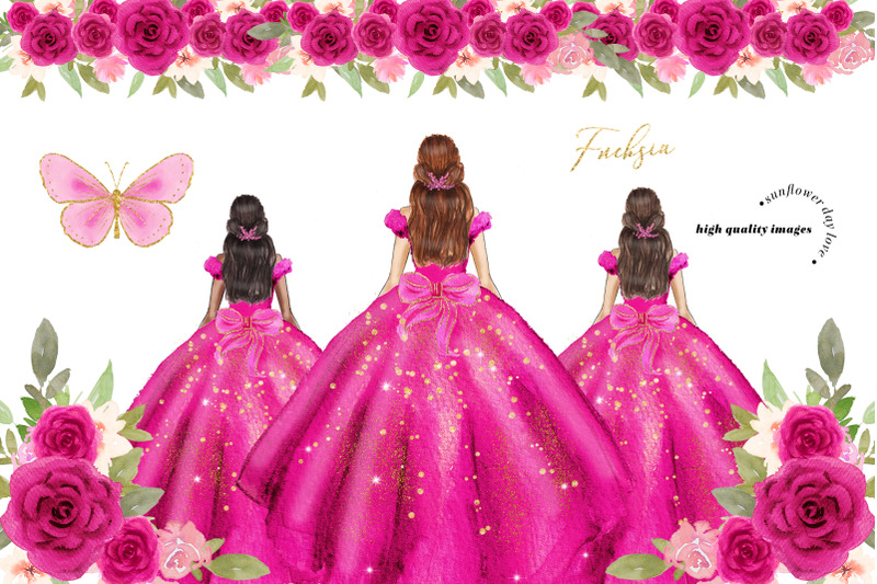 fuchsia-pink-princess-dresses-quinceaera-pink-flowers-clipart