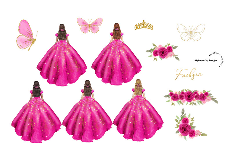 fuchsia-pink-princess-dresses-quinceaera-pink-flowers-clipart