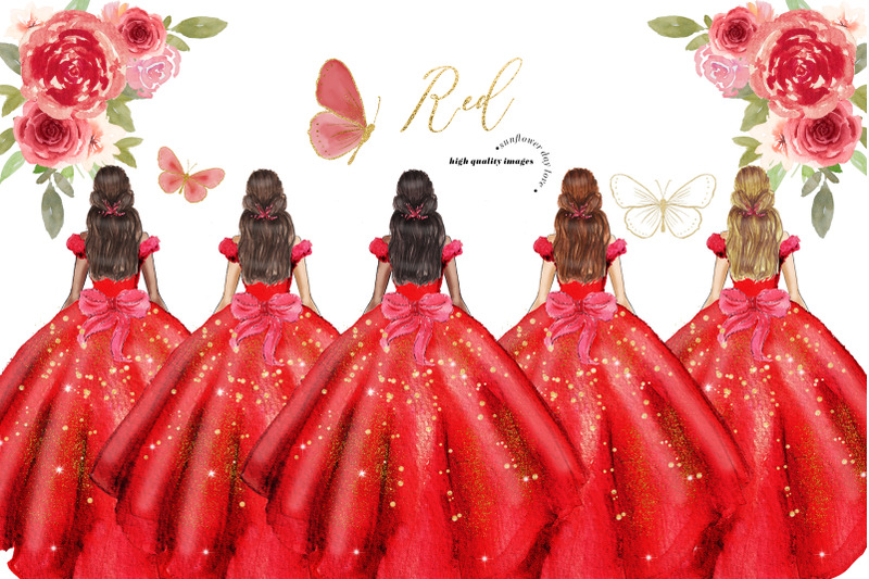 elegant-red-miss-quince-clipart-red-flowers-clipart-mexican-dresses