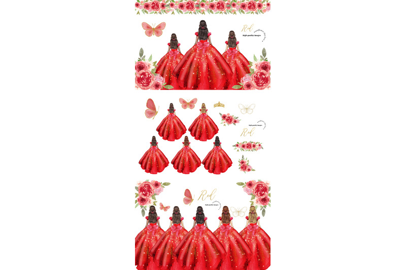 elegant-red-miss-quince-clipart-red-flowers-clipart-mexican-dresses