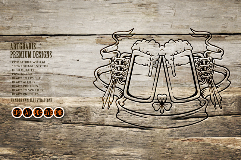 skulls-beer-cheers-with-clover-leaf-ribbon-monochrome-svg