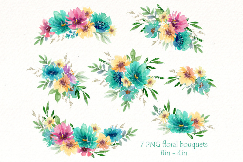 watercolor-floral-clipart-bundle-teal-flowers-bouquets-png