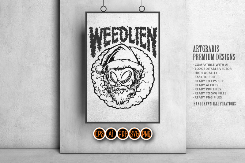 alien-head-santa-smoking-with-weed-word-lettering-monochrome-svg