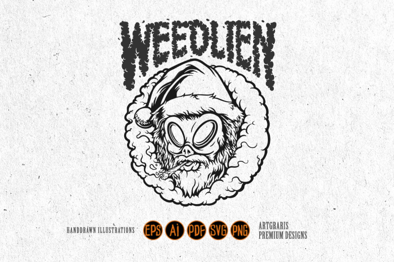alien-head-santa-smoking-with-weed-word-lettering-monochrome-svg