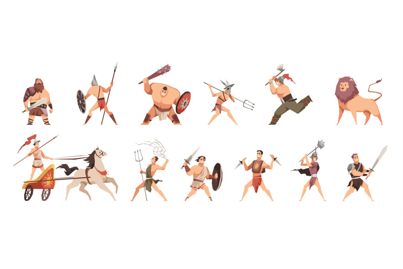 ancient-roman-gladiators-different-weapons-fighters-cartoon-strong-c