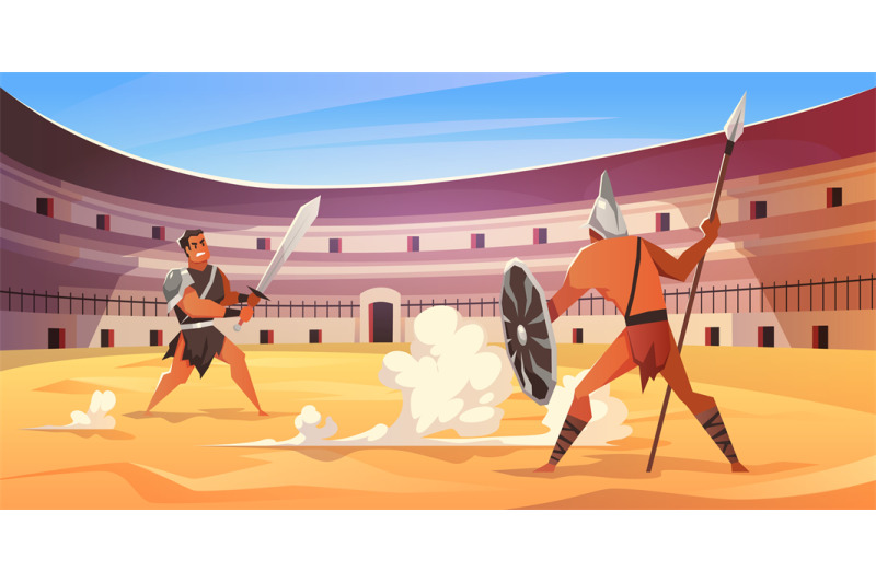 Gladiator fight. Cartoon roman fighters at colosseum arena, warriors a