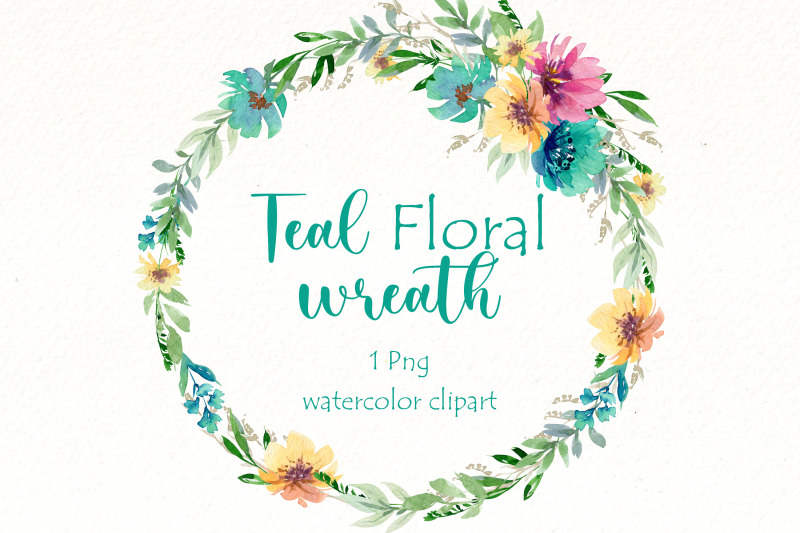 watercolor-floral-wreath-clipart-teal-flowers-png-files