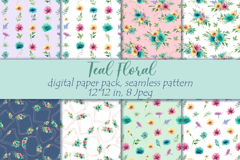 teal-floral-digital-paper-wedding-flowers-digital-papers