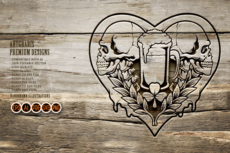 skull-heart-beer-with-clover-leaf-silhouette-svg