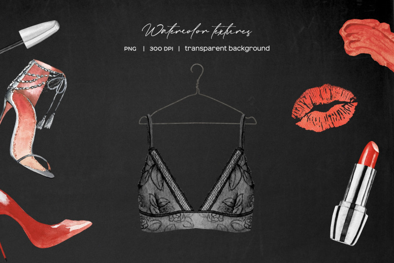 watercolor-lingerie-clipart-black-and-red-bachelorette-set