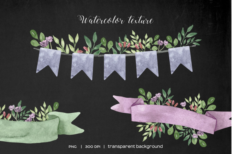 watercolor-ribbons-with-flowers-floral-banner-clipart