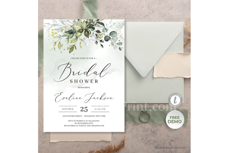 greenery-eucalyptus-foliage-and-faux-gold-bridal-shower-invitation