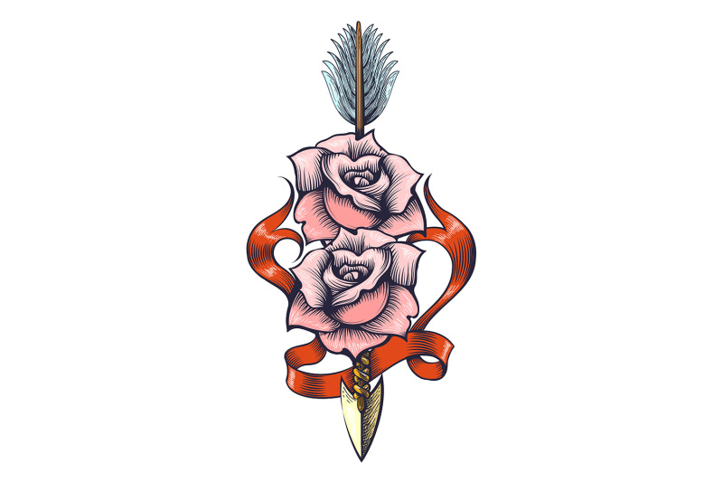 two-rose-flowers-pierced-by-arrow-tattoo