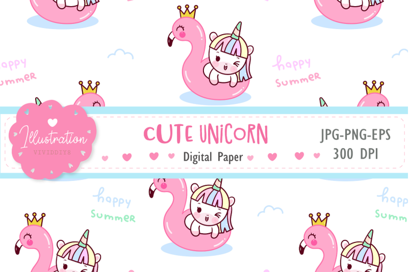 summer-unicorn-seamless-pattern-digital-paper-kawaii-clipart
