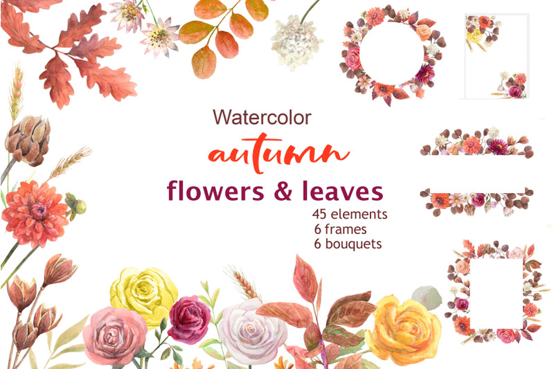 watercolor-autumn-flowers-and-leaves-bouquets-and-frames