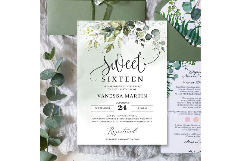 greenery-eucalyptus-foliage-and-faux-sweet-sixteen-invitation