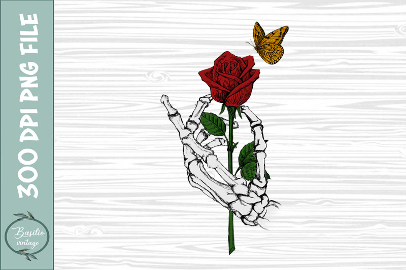 hand-skeleton-flower-roses-butterfly