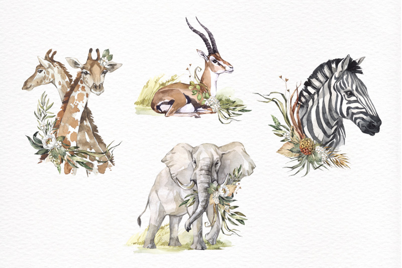savanna-animals-with-flowers-watercolor-africa-png-clipart