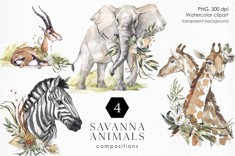 savanna-animals-with-flowers-watercolor-africa-png-clipart