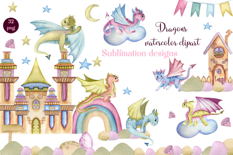 dragons-and-fairytale-castles-watercolor-clipart