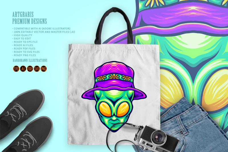 funky-alien-head-with-summer-beach-hat-illustrations