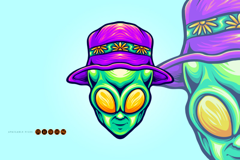 funky-alien-head-with-summer-beach-hat-illustrations