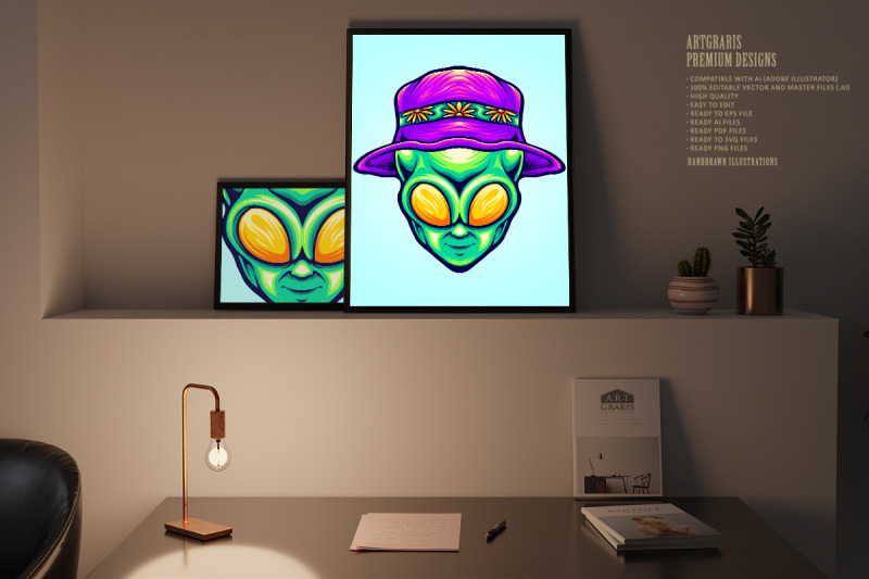 funky-alien-head-with-summer-beach-hat-illustrations