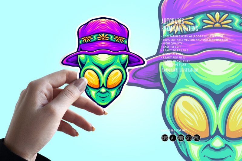 funky-alien-head-with-summer-beach-hat-illustrations