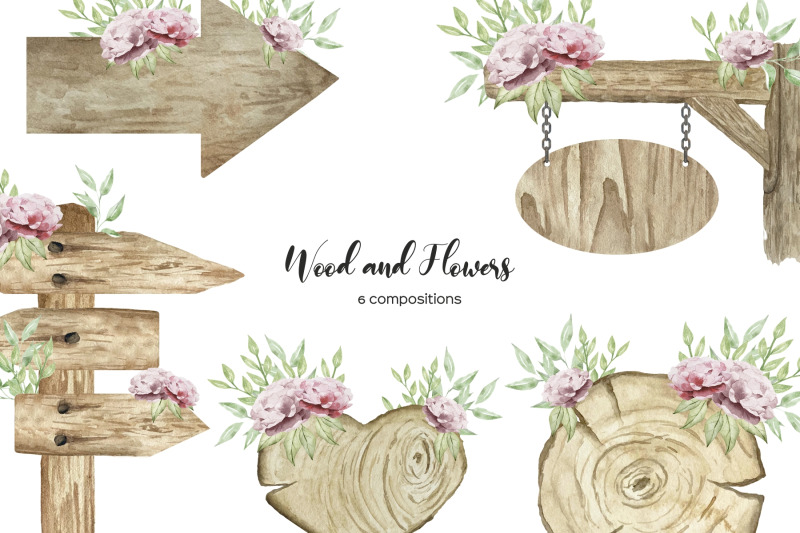 watercolor-wooden-signboards-with-flowers-floral-wood-clipart