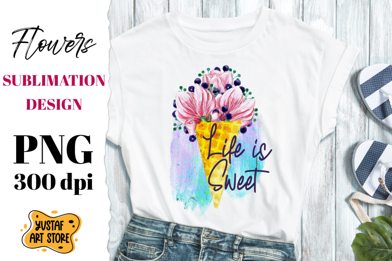 life-is-sweet-watercolor-flowers-ice-cream-sublimation-png