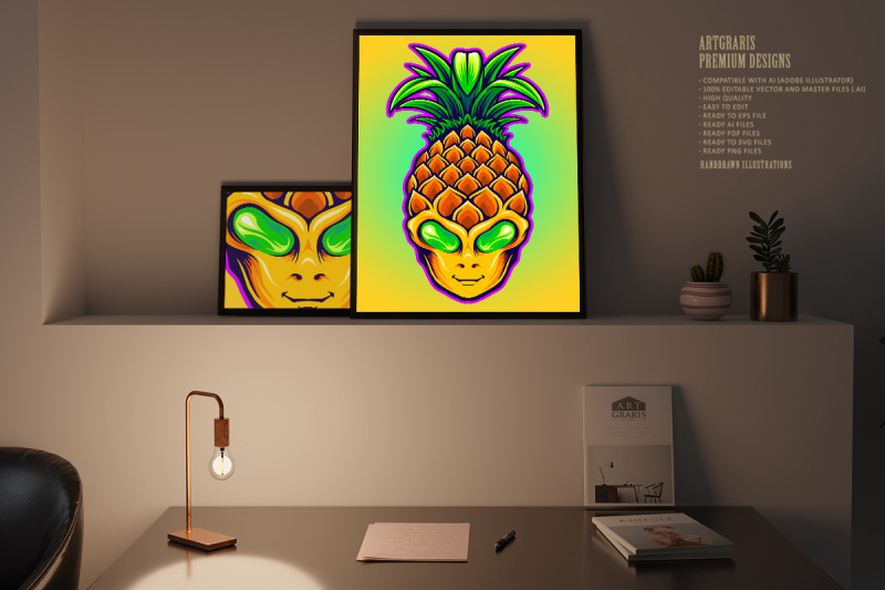 alien-head-with-pineapple-fruit-illustrations