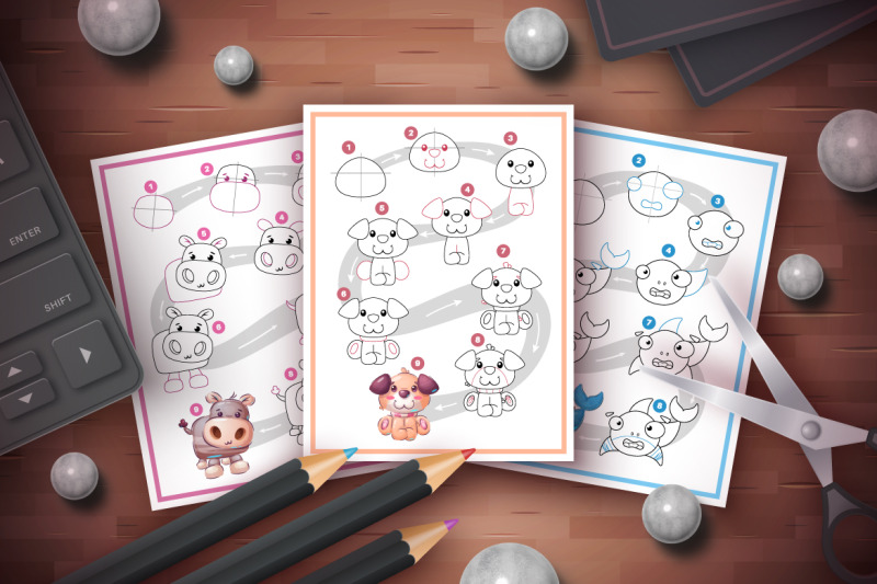 set-drawing-tutorial-step-by-step-cartoon-characters-adorable-animals