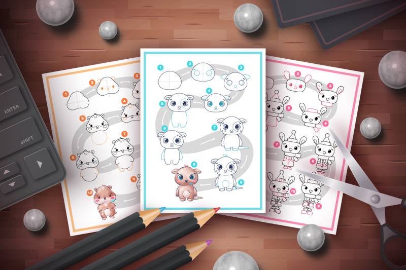 set-drawing-tutorial-step-by-step-cartoon-characters-adorable-animals