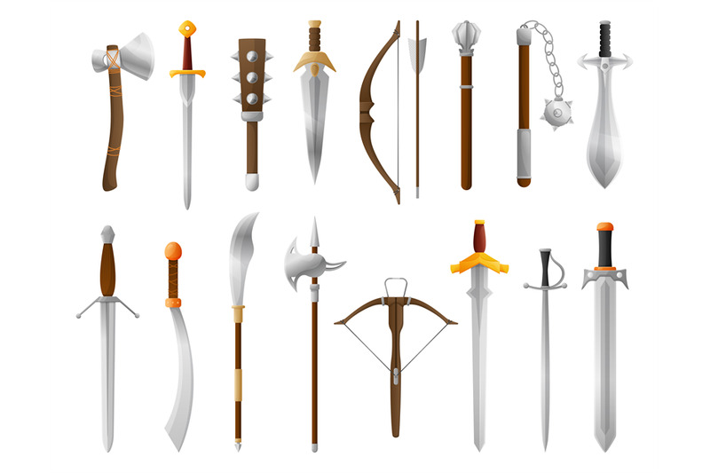 cartoon-medieval-weapon-old-sword-bow-and-axe-fantasy-knight-battle