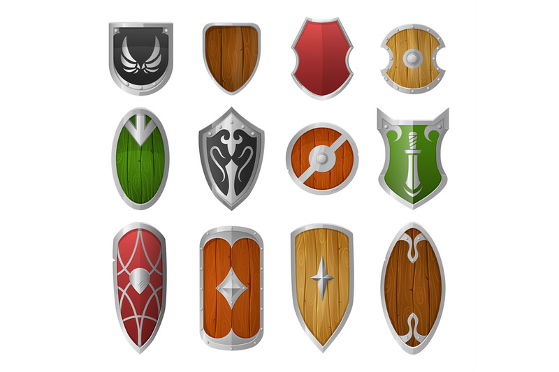 cartoon-shields-wooden-and-metal-armor-medieval-military-guard-knigh