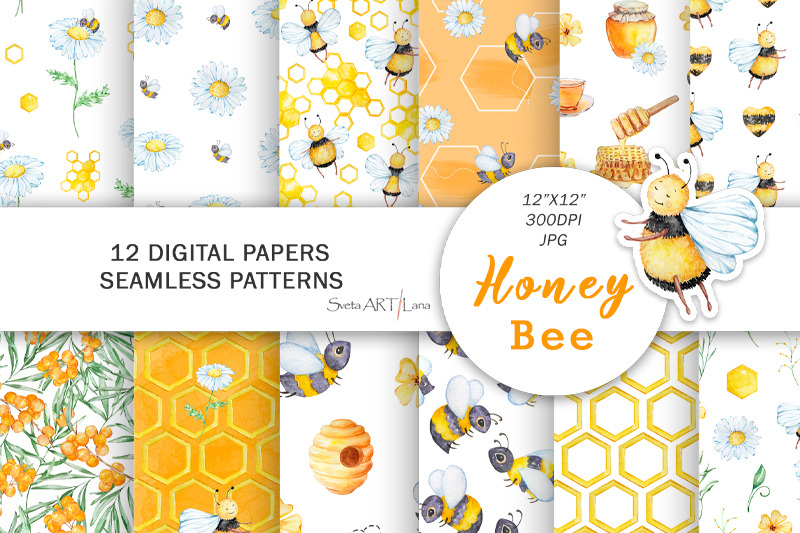 watercolor-honey-bee-digital-paper