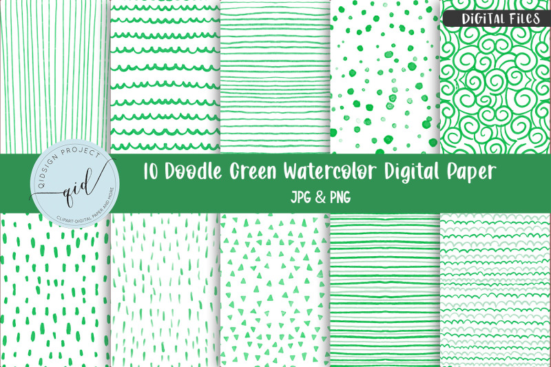 doodle-green-watercolor-digital-paper-10-variations