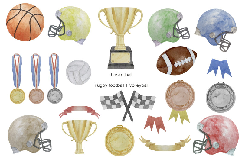 watercolor-sport-clipart-football-baseball-equipment