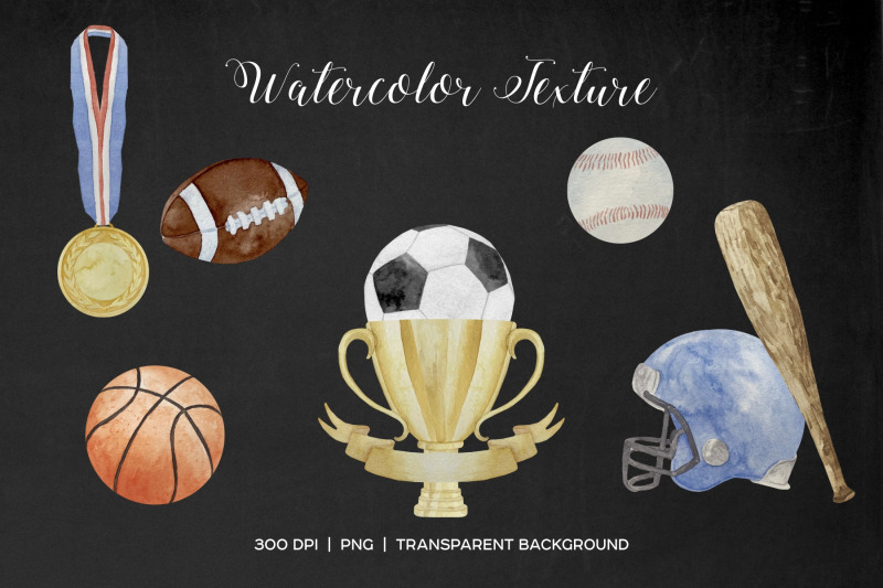 watercolor-sport-clipart-football-baseball-equipment