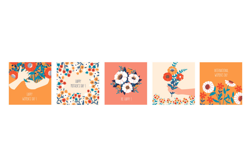 floral-banners-cartoon-square-posters-with-blooming-bouquets-and-hand