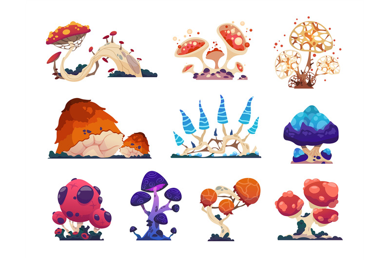 fantasy-mushrooms-cartoon-grebes-alien-nature-unusual-flora-magica