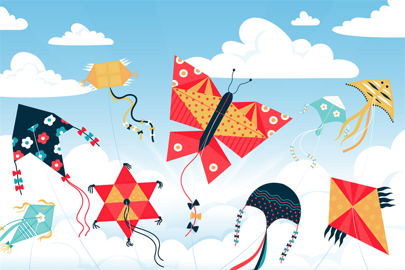 kite-in-sky-children-wind-toys-of-various-shapes-and-colors-in-summer