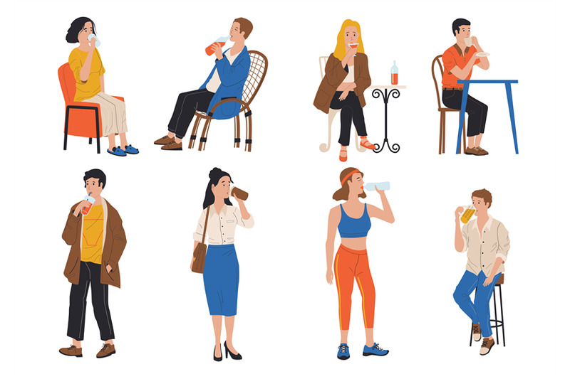 people-drink-cartoon-men-and-women-holding-bottles-cups-and-glasses