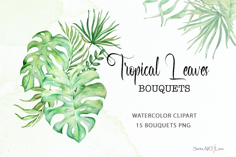 watercolor-tropical-leaves-bouquets-clipart